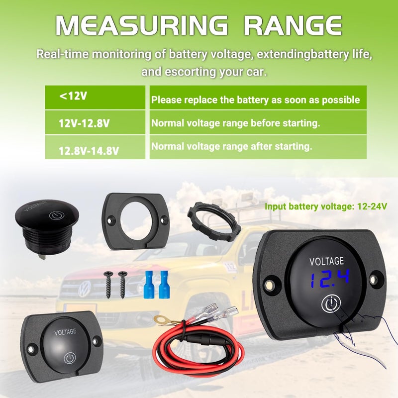 EPLZON 2 Pack DC 12V 24V Volt Meter Battery Voltage Gauge Digital Gauge Waterproof Voltmeter with Touch Switch and Mounting Plate Round for Boat Marine Motorcycle Truck(Blue Light) - Image 5